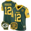 Men's Green Bay Packers #12 Aaron Rodgers Cheese Green 2024 F.U.S.E. 13 Time World Champions And Home Patch Vapor Untouchable Limited Stitched Football Jersey - Custom Name