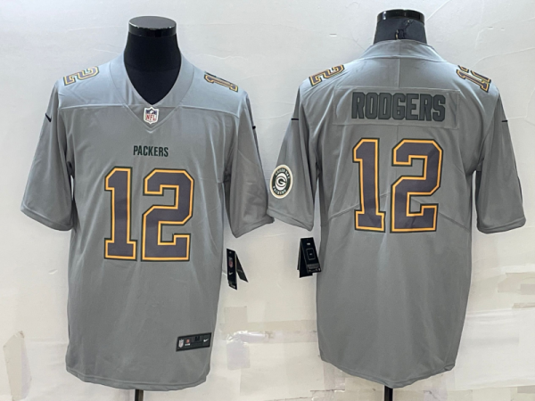 Men's Green Bay Packers #12 Aaron Rodgers Gray With Patch Atmosphere Fashion Stitched Jersey - Custom Name