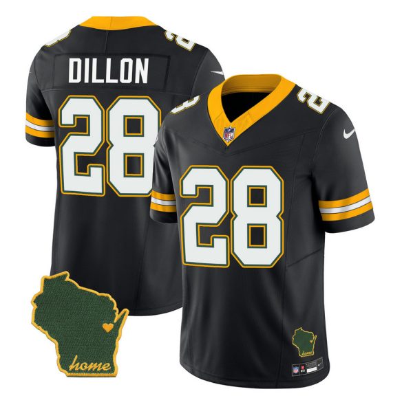 Men's Green Bay Packers #28 A.J. Dillon Black 2023 F.U.S.E. Home Patch Vapor Untouchable Limited Stitched Jersey - Custom Name