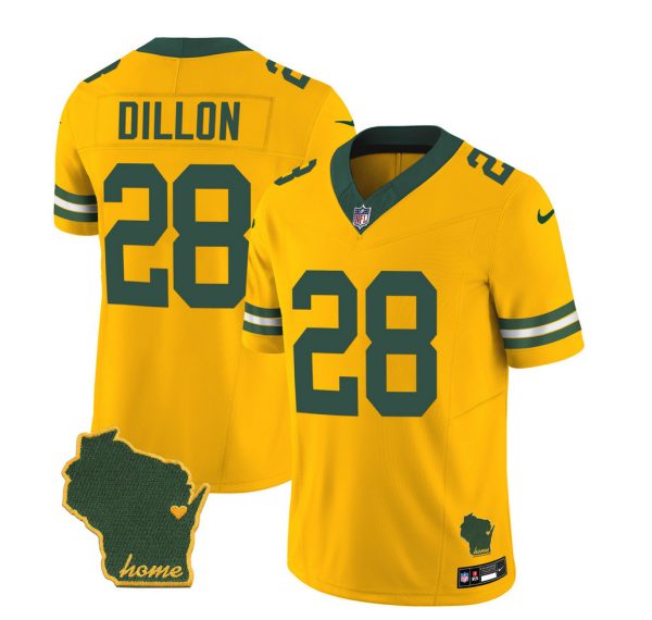 Men's Green Bay Packers #28 A.J. Dillon Gold 2023 F.U.S.E. Home Patch Vapor Untouchable Limited Stitched Jersey - Custom Name