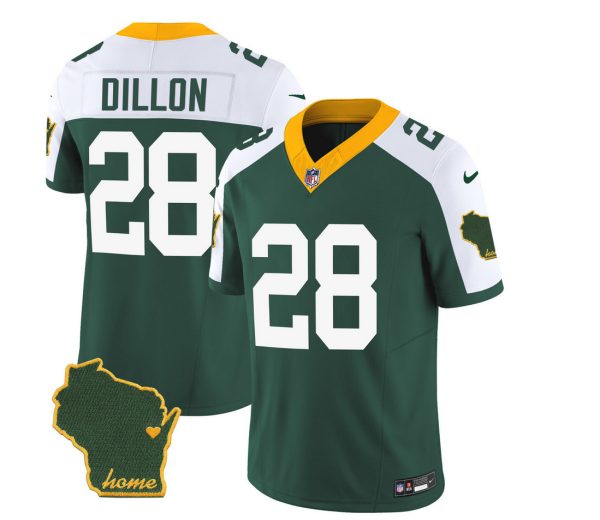 Men's Green Bay Packers #28 A.J. Dillon Green White 2023 F.U.S.E. Home Patch Vapor Untouchable Limited Stitched Jersey - Custom Name