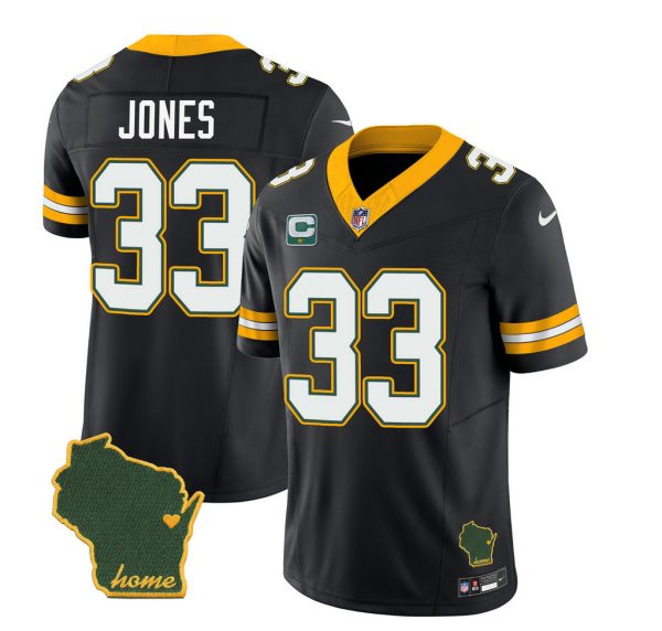 Men's Green Bay Packers #33 Aaron Jones Black 2023 F.U.S.E. Home Patch And 1-Star C Patch Vapor Untouchable Limited Stitched Jersey - Custom Name
