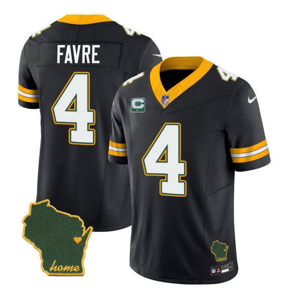 Men's Green Bay Packers #4 Brett Favre Black 2023 F.U.S.E. Home Patch And 1-Star C Patch Vapor Untouchable Limited Stitched Jersey - Custom Name