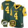 Men's Green Bay Packers #4 Brett Favre Cheese Green 2024 F.U.S.E. 13 Time World Champions And Home Patch Vapor Untouchable Limited Stitched Football Jersey - Custom Name