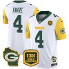 Men's Green Bay Packers #4 Brett Favre Cheese White 2024 F.U.S.E. 13 Time World Champions And Home Patch Vapor Untouchable Limited Stitched Football Jersey - Custom Name