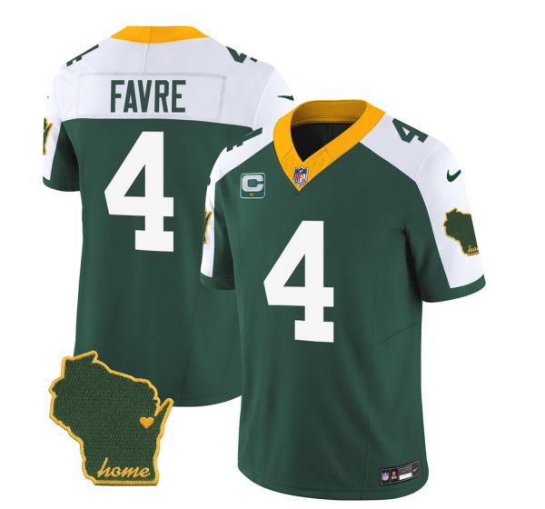 Men's Green Bay Packers #4 Brett Favre Green White 2023 F.U.S.E. Home Patch And 1-Star C Patch Vapor Untouchable Limited Stitched Jersey - Custom Name