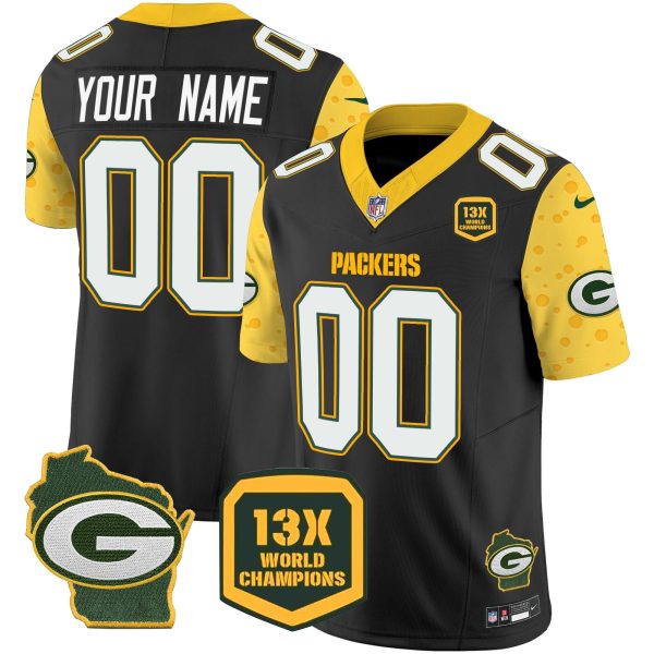 Men's Green Bay Packers ACTIVE PLAYER Custom Cheese Black 2024 F.U.S.E. Home Patch 13 Time World Champions Vapor Untouchable Limited Stitched Football Jersey - Custom Name