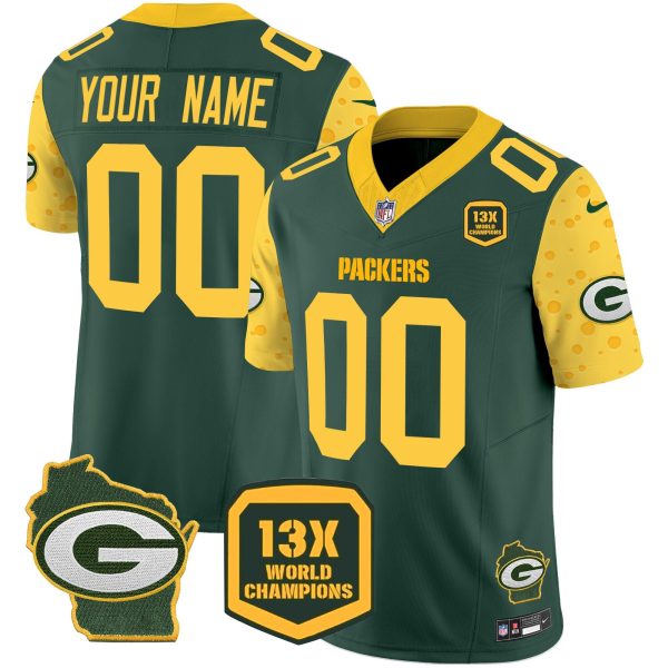 Men's Green Bay Packers ACTIVE PLAYER Custom Cheese Green 2024 F.U.S.E. Home Patch 13 Time World Champions Vapor Untouchable Limited Stitched Football Jersey - Custom Name