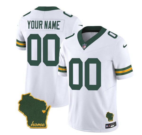 Men's Green Bay Packers Customized White 2023 F.U.S.E. Home Patch Vapor Untouchable Limited Stitched Jersey - Custom Name