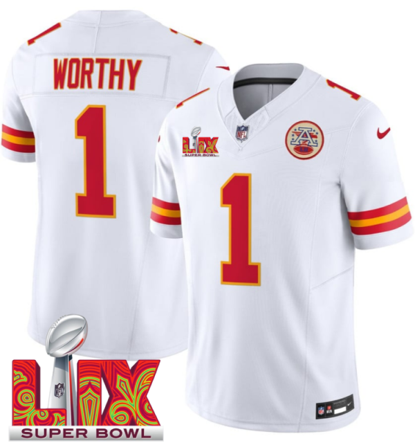 Men's Kansas City Chiefs #1 Xavier Worthy White F.U.S.E. 24 25 Super Bowl LIX Vapor Untouchable Limited Stitched Football Jersey  - Custom Name