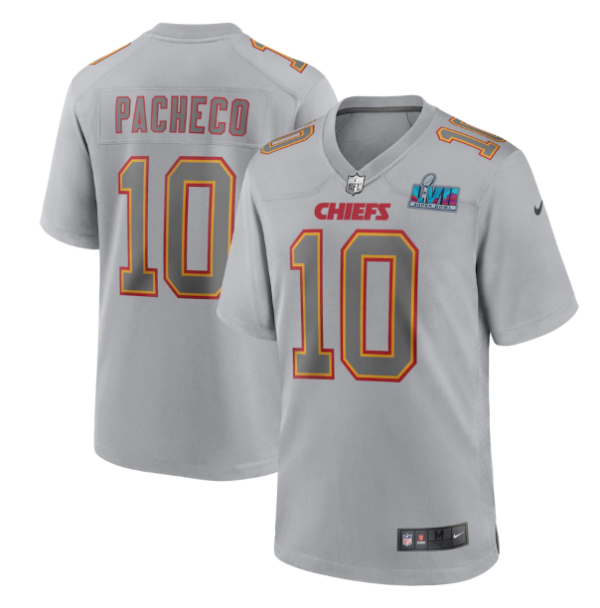 Men's Kansas City Chiefs #10 Isiah Pacheco Grey Super Bowl LVII Patch Atmosphere Fashion Stitched Game Jersey  - Custom Name