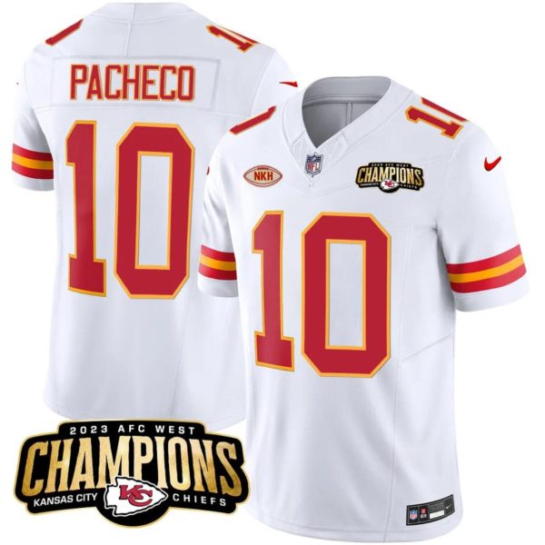 Men’s Kansas City Chiefs #10 Isiah Pacheco White 2023 F.U.S.E. AFC West Champions With Patch Vapor Untouchable Limited Stitched Jersey  - Custom Name