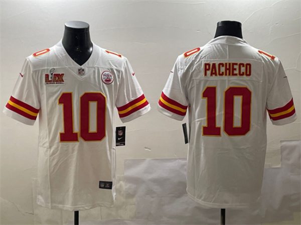 Men's Kansas City Chiefs #10 Isiah Pacheco White 2025 Super Bowl LIX Patch Vapor Untouchable Limited Stitched Football Jersey - Custom Name
