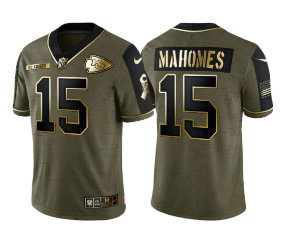 Men's Kansas City Chiefs #15 Patrick Mahomes 2021 Olive Salute To Service Golden Limited Stitched Jersey - Custom Name
