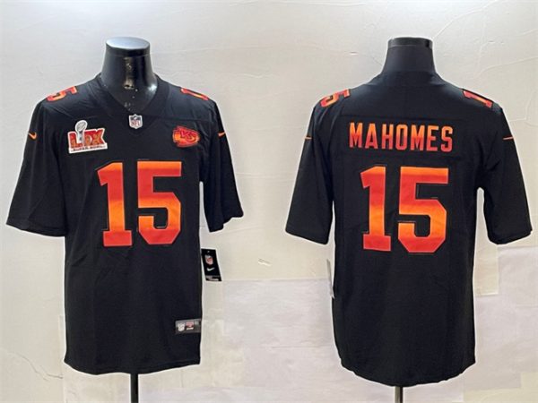 Men's Kansas City Chiefs #15 Patrick Mahomes Black 2025 Super Bowl LIX Patch Fashion Vapor Limited Stitched Football Jersey  - Custom Name