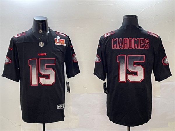Men's Kansas City Chiefs #15 Patrick Mahomes Black 2025 Super Bowl LIX Patch Smoke Fashion Vapor Limited Stitched Football Jersey  - Custom Name