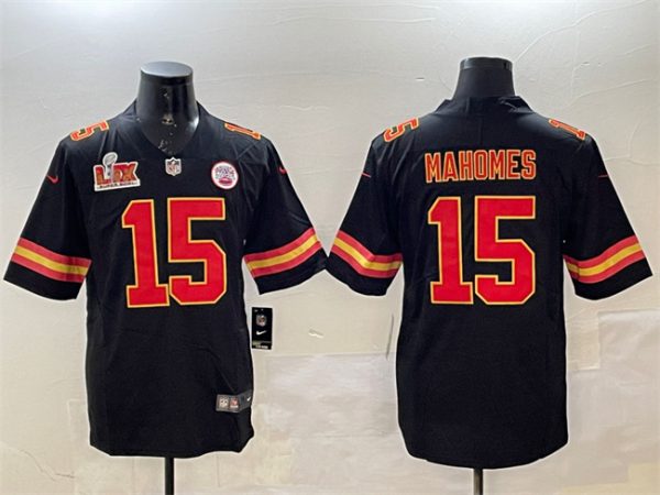 Men's Kansas City Chiefs #15 Patrick Mahomes Black 2025 Super Bowl LIX Patch Vapor Untouchable Limited Stitched Football Jersey  - Custom Name