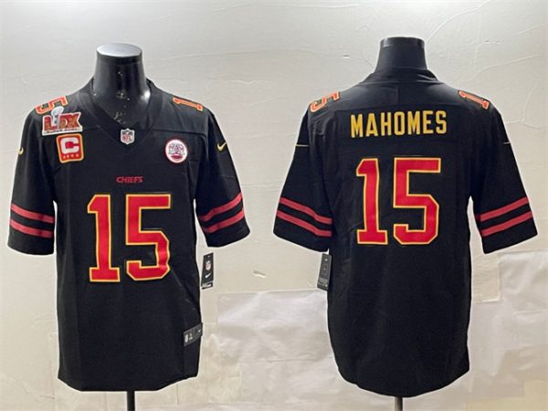 Men's Kansas City Chiefs #15 Patrick Mahomes Black Gold 2025 Super Bowl LIX Patch And 4-star C Patch Vapor Limited Stitched Football Jersey  - Custom Name