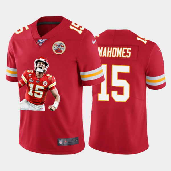 Men's Kansas City Chiefs #15 Patrick Mahomes Red 100th Season Portrait Edition Limited Jersey - Custom Name