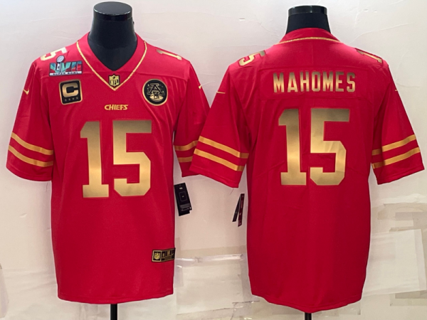 Men’s Kansas City Chiefs #15 Patrick Mahomes Red Gold Super Bowl LVII Patch And 4-star C Patch Vapor Untouchable Limited Stitched Jersey  - Custom Name