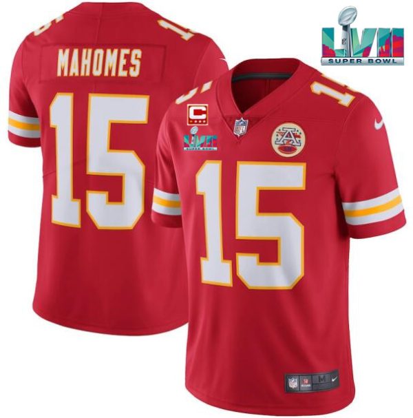 Men’s Kansas City Chiefs #15 Patrick Mahomes Red Super Bowl LVII Patch And 4-star C Patch Vapor Untouchable Limited Stitched Jersey - Custom Name