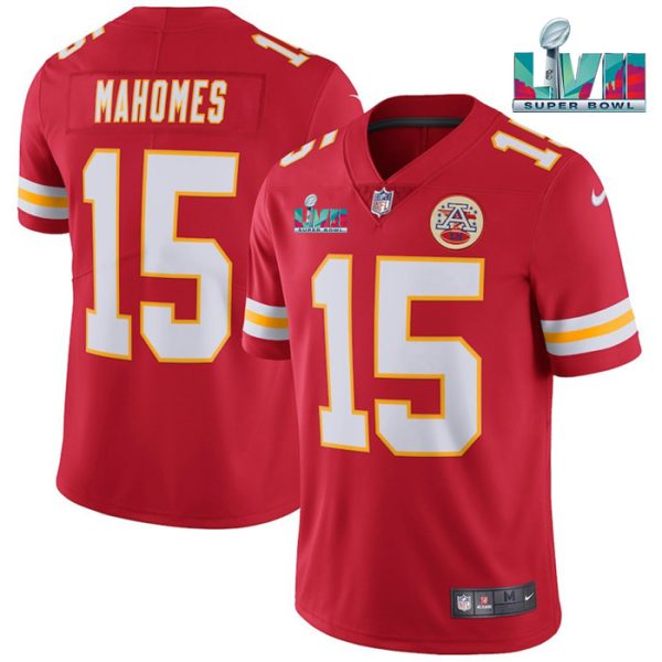 Men’s Kansas City Chiefs #15 Patrick Mahomes Red Super Bowl LVII Patch Vapor Untouchable Limited Stitched Jersey - Custom Name