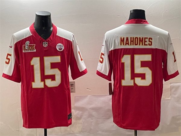 Men's Kansas City Chiefs #15 Patrick Mahomes Red White 2025 Super Bowl LIX Patch F.U.S.E. Vapor Limited Stitched Football Jersey  - Custom Name