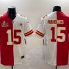 Men's Kansas City Chiefs #15 Patrick Mahomes Red & White Split 2025 Super Bowl LIX Patch Vapor Limited Stitched Football Jersey - Custom Name