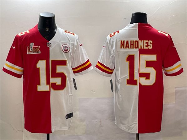 Men's Kansas City Chiefs #15 Patrick Mahomes Red & White Split 2025 Super Bowl LIX Patch Vapor Limited Stitched Football Jersey - Custom Name