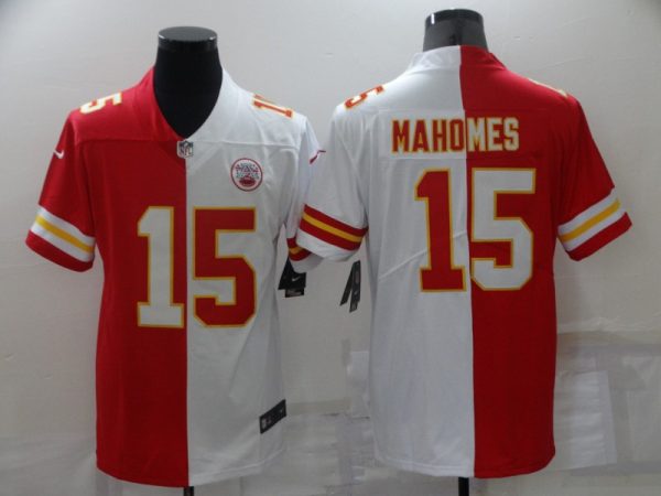 Men's Kansas City Chiefs #15 Patrick Mahomes Red White Split Vapor Limited Stitched Jersey  - Custom Name
