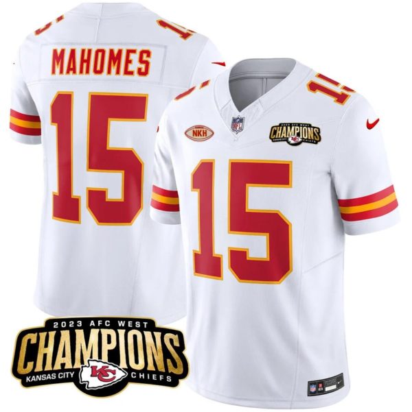 Men’s Kansas City Chiefs #15 Patrick Mahomes White 2023 F.U.S.E. AFC West Champions With Patch Vapor Untouchable Limited Stitched Jersey - Custom Name