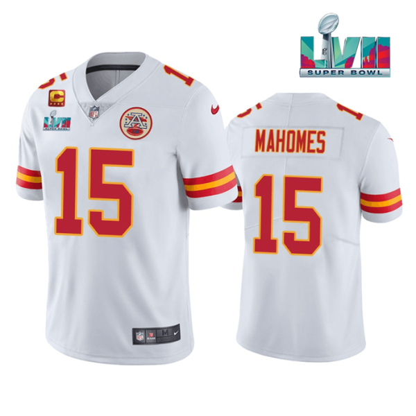 Men’s Kansas City Chiefs #15 Patrick Mahomes White Super Bowl LVII Patch And 4-star C Patch Vapor Untouchable Limited Stitched Jersey  - Custom Name