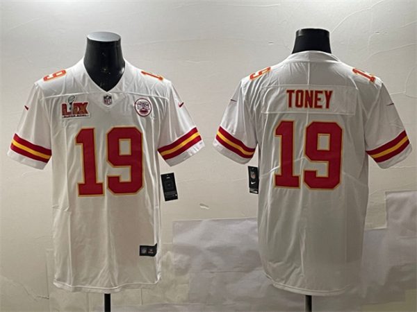 Men's Kansas City Chiefs #19 Kadarius Toney White 2025 Super Bowl LIX Patch Vapor Untouchable Limited Stitched Football Jersey - Custom Name