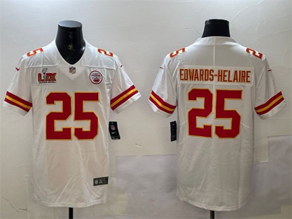 Men's Kansas City Chiefs #25 Clyde Edwards-Helaire White 2025 Super Bowl LIX Patch Vapor Untouchable Limited Stitched Football Jersey  - Custom Name