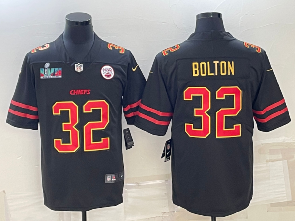 Men’s Kansas City Chiefs #32 Nick Bolton Black Red Gold Super Bowl LVII Patch Vapor Untouchable Limited Stitched Jersey - Custom Name