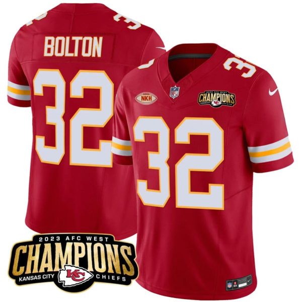 Men’s Kansas City Chiefs #32 Nick Bolton Red 2023 F.U.S.E. AFC West Champions With Patch Vapor Untouchable Limited Stitched Jersey  - Custom Name