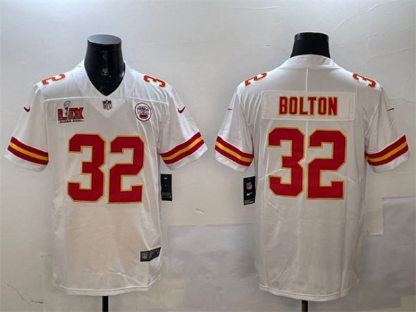 Men's Kansas City Chiefs #32 Nick Bolton White 2025 Super Bowl LIX Patch Vapor Untouchable Limited Stitched Football Jersey  - Custom Name