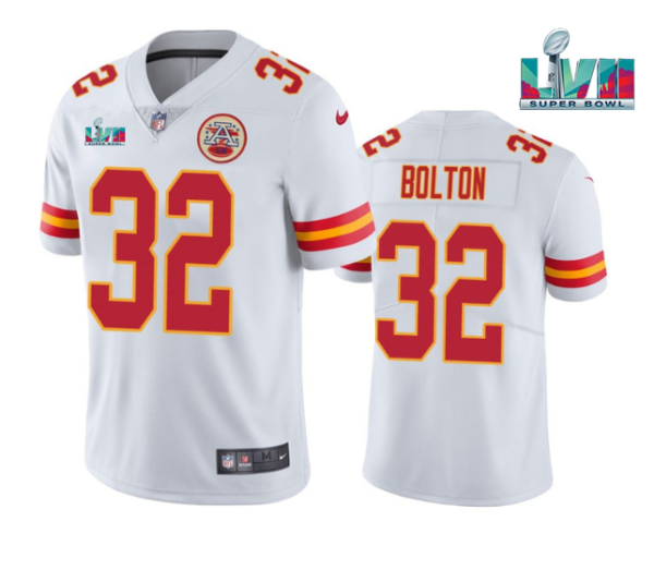 Men’s Kansas City Chiefs #32 Nick Bolton White Super Bowl LVII Patch Vapor Untouchable Limited Stitched Jersey  - Custom Name