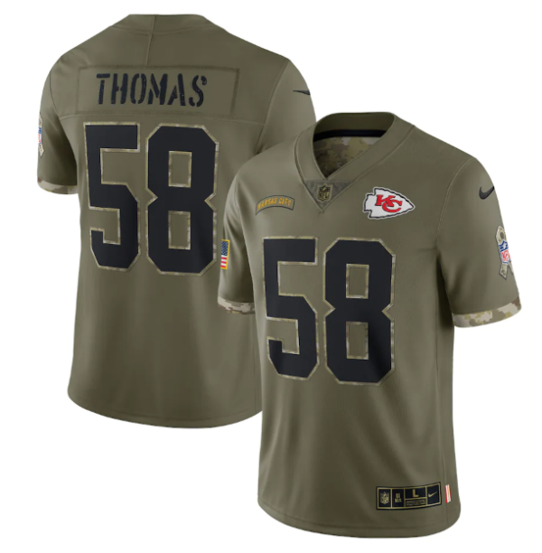 Men's Kansas City Chiefs #58 Derrick Thomas Olive 2022 Salute To Service Limited Stitched Jersey  - Custom Name
