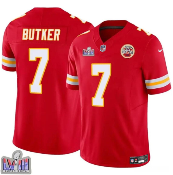 Men's Kansas City Chiefs #7 Harrison Butker Red F.U.S.E. Super Bowl LVIII Patch Vapor Untouchable Limited Stitched Football Jersey  - Custom Name