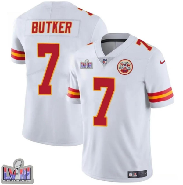 Men's Kansas City Chiefs #7 Harrison Butker White Super Bowl LVIII Patch Vapor Untouchable Limited Stitched Football Jersey - Custom Name