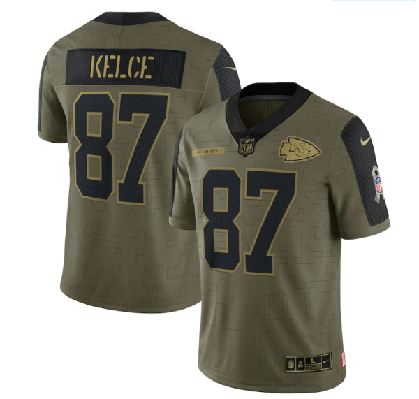 Men's Kansas City Chiefs #87 Travis Kelce 2021 Olive Salute To Service Limited Stitched  - Custom Name