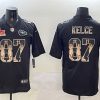 Men's Kansas City Chiefs #87 Travis Kelce Black 2025 Super Bowl LIX Patch Statue of Liberty Vapor Limited Stitched Football Jersey  - Custom Name