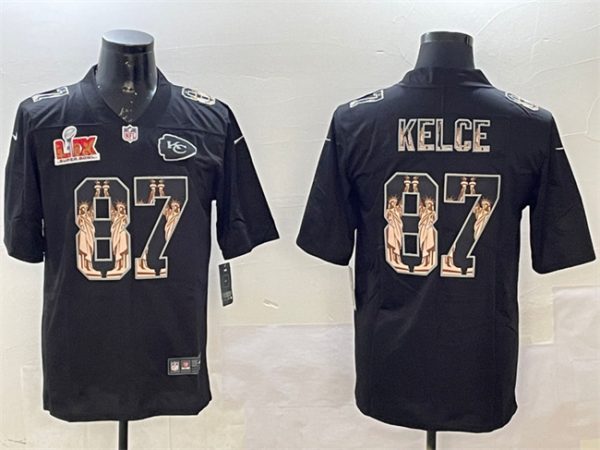 Men's Kansas City Chiefs #87 Travis Kelce Black 2025 Super Bowl LIX Patch Statue of Liberty Vapor Limited Stitched Football Jersey  - Custom Name