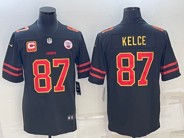 Men’s Kansas City Chiefs #87 Travis Kelce Black Red Gold 4-star C Patch Vapor Untouchable Limited Stitched Jersey  - Custom Name