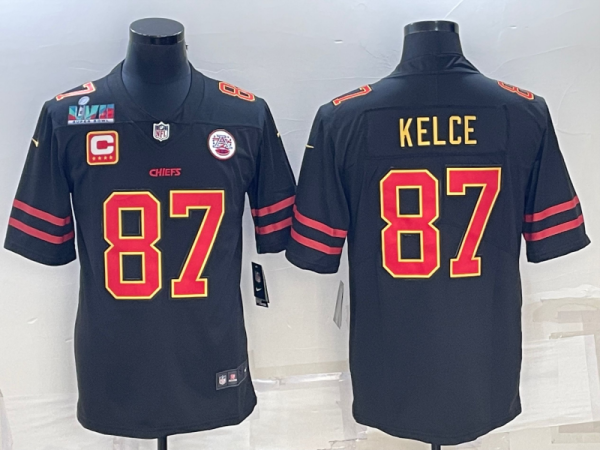 Men’s Kansas City Chiefs #87 Travis Kelce Black Red Gold Super Bowl LVII Patch And 4-star C Patch Vapor Untouchable Limited Stitched Jersey  - Custom Name