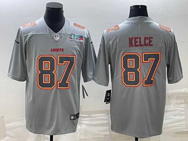Men's Kansas City Chiefs #87 Travis Kelce Gray Super Bowl LVII Patch Atmosphere Fashion Stitched Jersey  - Custom Name