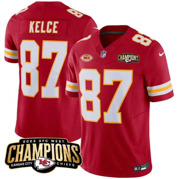 Men’s Kansas City Chiefs #87 Travis Kelce Red 2023 F.U.S.E. AFC West Champions With Patch Vapor Untouchable Limited Stitched Jersey  - Custom Name