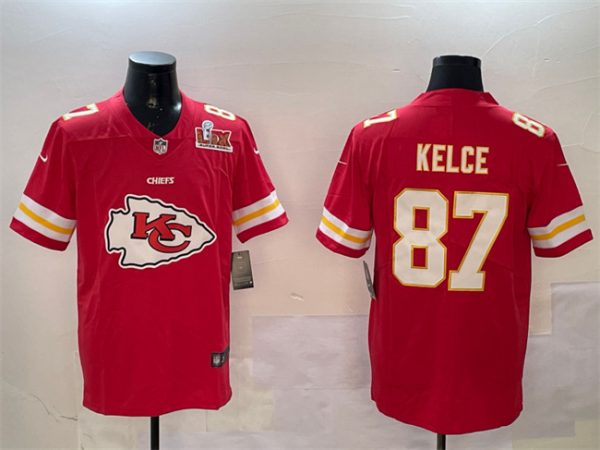 Men's Kansas City Chiefs #87 Travis Kelce Red 2025 Super Bowl LIX Patch Team Big Logo Vapor Limited Stitched Football Jersey  - Custom Name