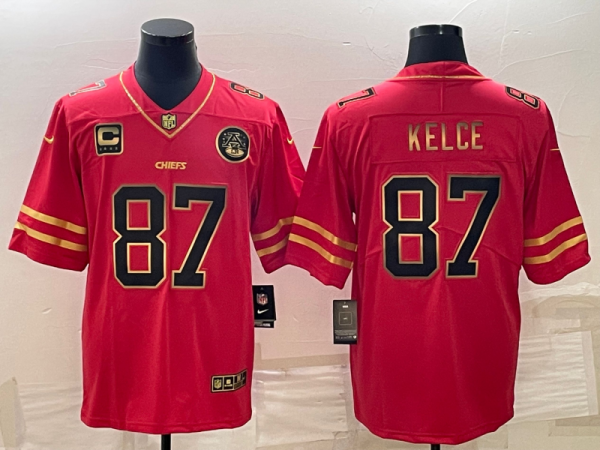 Men’s Kansas City Chiefs #87 Travis Kelce Red Gold 4-star C Patch Vapor Untouchable Limited Stitched Jersey  - Custom Name